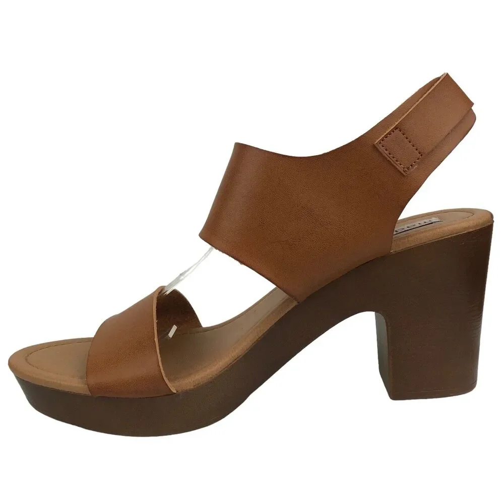 Madden Girl Platform Sandals Block Heel Brown Faux Leather Wood Look Retro Sz 10